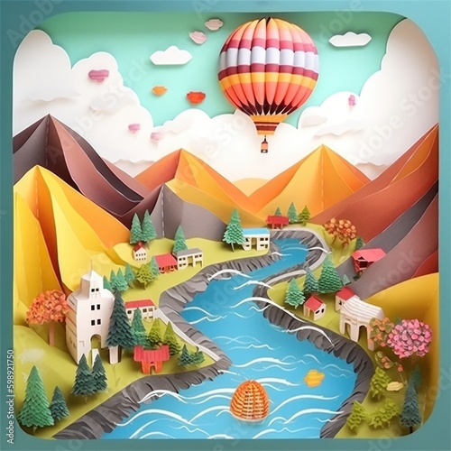 Abstract colorful paper art illustration of hot air balloons over mountains in the sky - Generative AI