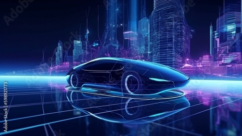 Future technology, such as digital metaverse automobiles, futuristic buildings, and virtual reality. GENERATE AI