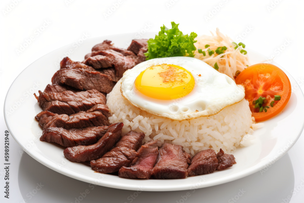 A white plate topped with rice and meat. AI generative. Asian Filipino dish, food from Philippines Asian Filipino dish, food from Philippines