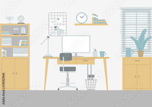 Home workspace room interior in the daytime with work desk, chair, blank desktop computer monitor, furniture , window and white wall in flat design vector