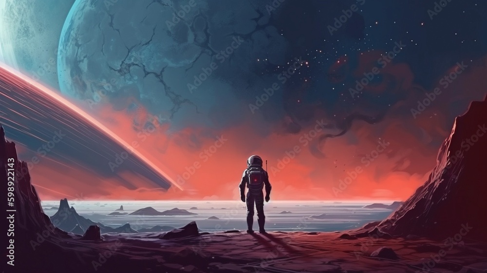 Fantasy illustration of an astronaut on an abandoned planet gazing up into the night sky. GENERATE AI