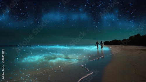 Lovers couple walks along night beach with bioluminescent algae lights, man and woman dating at dreamlike sea coast, romantic evening at stunning natural phenomenon, generative AI photo