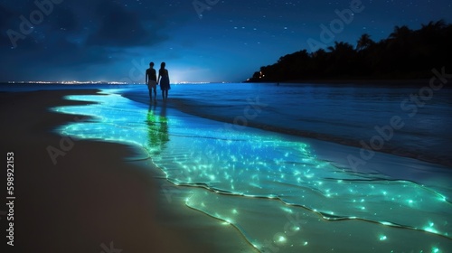 Lovers couple walks along night beach with bioluminescent algae lights, man and woman dating at dreamlike sea coast, romantic evening at stunning natural phenomenon, generative AI photo