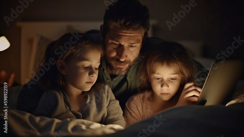 The ideal hour has recently become bedtime. Picture shows a man reading to his two young children on a tablet computer in bed. The Generative AI