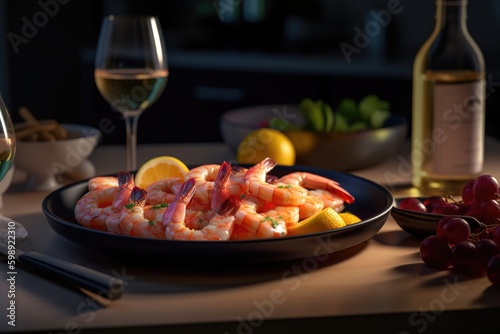 grilled shrimps with lemon and basil   ai generative 