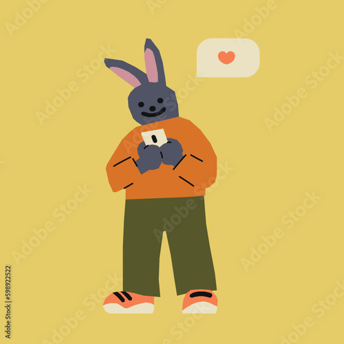Anthropomorphic Bunny with phone cartoon character. Flat vector illustrations isolated on white background