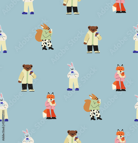 Seamless pattern with Anthropomorphic  animal characters with phones. Bunny, fox, squirrel and bear