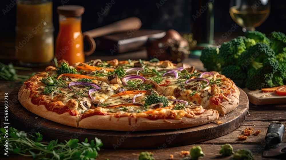 Macro Photo Veggie Pizza On Stone Rustic Pub. Generative AI