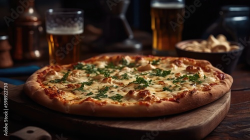 Macro Photo White Pizza On Stone Rustic Pub. Generative AI