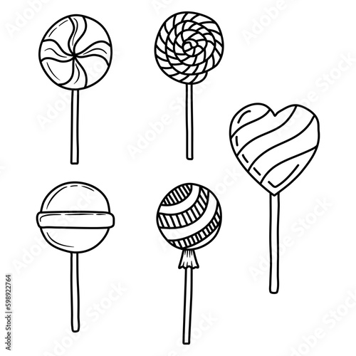 Vector hand drawn outline illustration of sweet candies. Set of candy lolipop Black contour doodle in line art style. 
