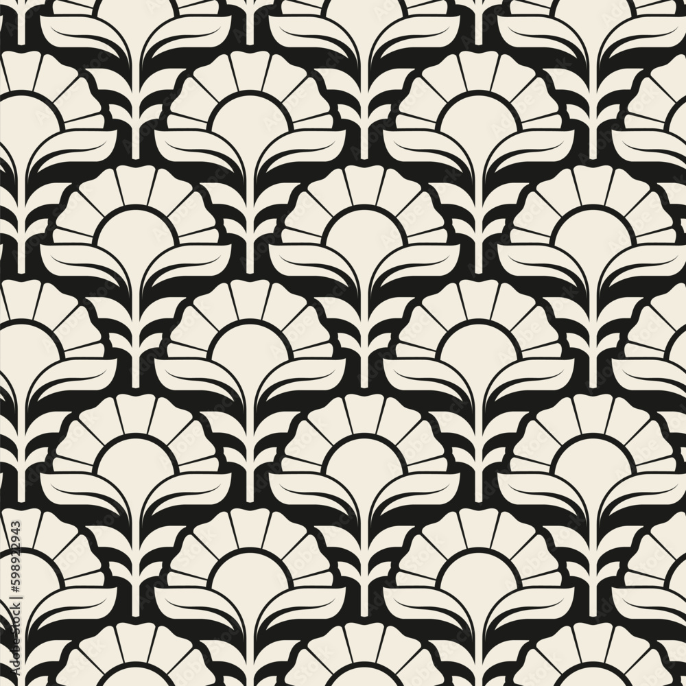 Seamless abstract floral pattern with large white stylized flowers on a black background. Elegant and simple Japanese style design. Vector illustration.