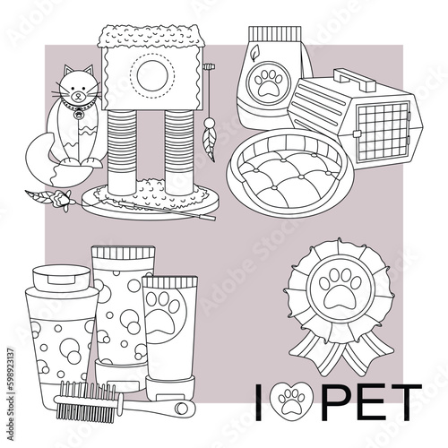 Set of elements for animals, cats, dogs. Pet care. Line art.
