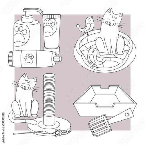 Set of elements for animals, cats, dogs. Pet care. Line art.