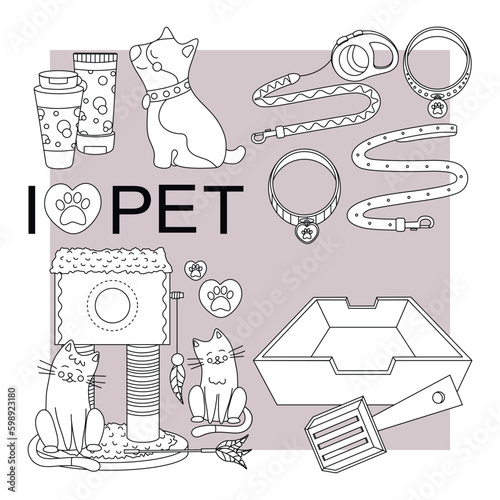 Set of elements for animals, cats, dogs. Pet care. Line art.