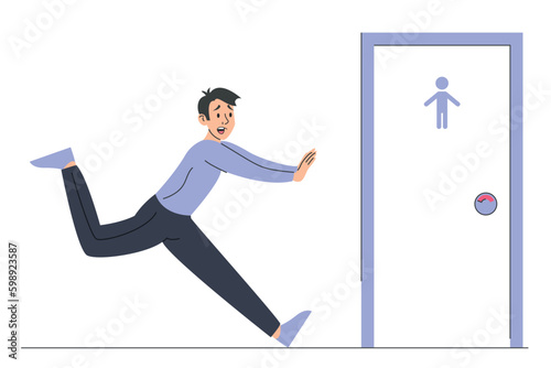 Man with diarrhea running to the toilet door vector isolated. Male character wants to pee. WC door. Guy with full bladder photo