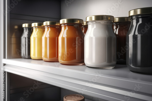 mockup glass bottles with sauces in the refriger, generativ ai photo