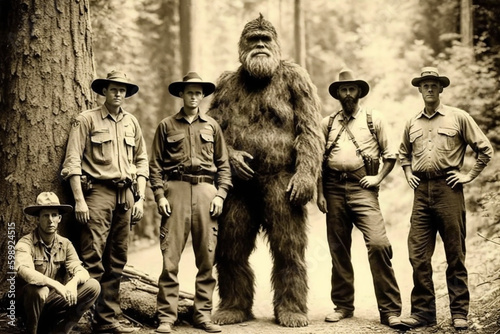 Aged historical photograph with a group of Forest Rangers and a Sasquatch. photo