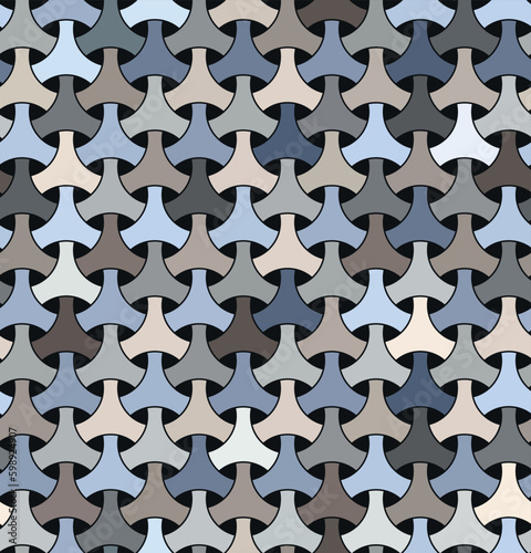 Seamless repeating pattern. Traditional japanese Bishamon armor motif with multicolor triangle shape figures. Graphic textile texture. Lattice interlaced geometric elements. Vector illustration.
