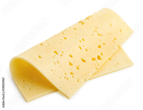 One folded slice of Swiss tilsiter cheese isolated on white background