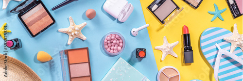 Fotografie Summer make-up cosmetics flat lay, Vacation, Holiday shopping sale make up
