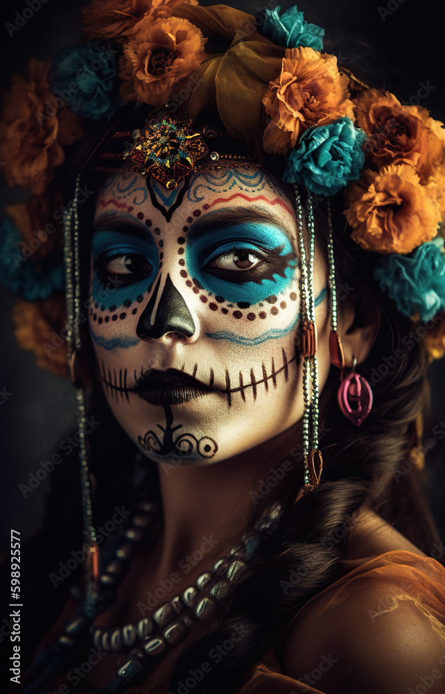 Portrait of Fictional person, Mexican Day of the Dead make-up, El Dia de Muertos, created with Generative AI Portrait of Fictional person, Mexican Day of the Dead make-up, El Dia de Muertos, created with Generative AI