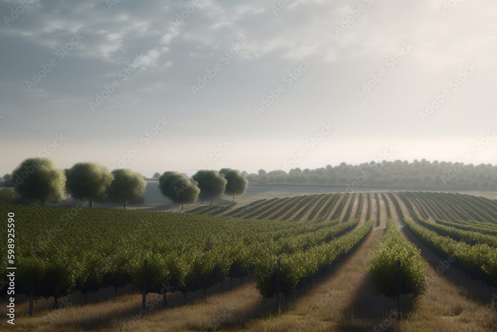 A minimalist landscape with a scenic vineyard or orchard, Generative AI