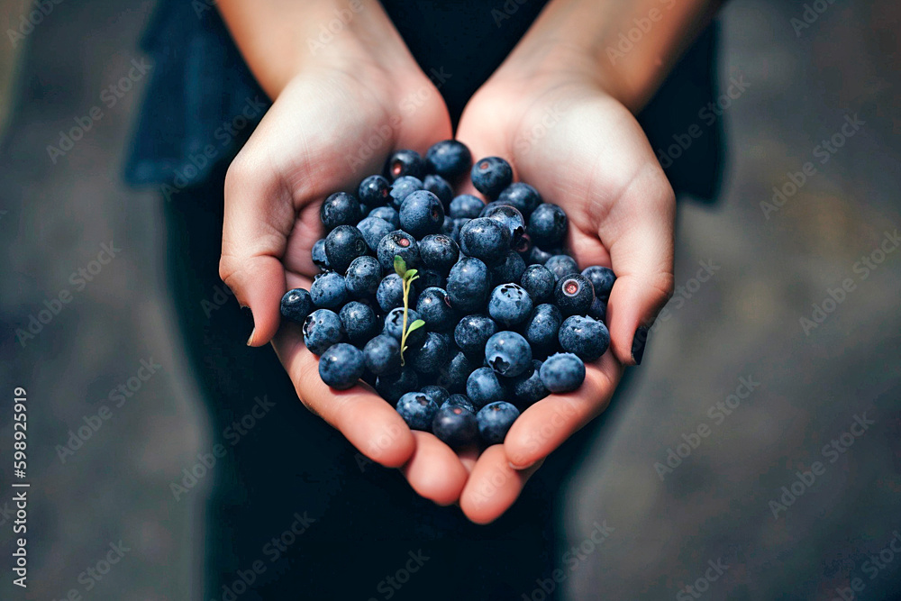 female hands holding a handful of blueberries female hands holding a handful of blueberries