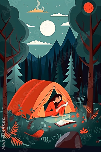 Tent camping in the forest illustration in cartoon style. Generative AI