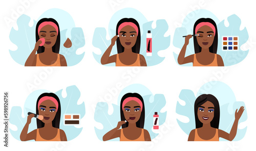 Makeup set vector illustration. Dark skin girl apply foundation on skin of face with sponge, use beauty blender and mascara, eyeshadow palette and glamour lipstick, professional visage collection