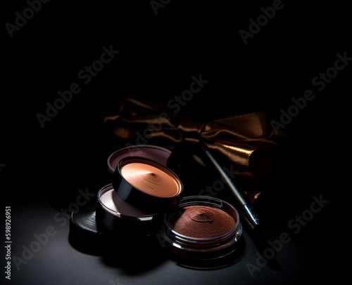 Various makeup face powders and makeup brush, copy space. Compact face powders of different shades on dark background. Generative AI