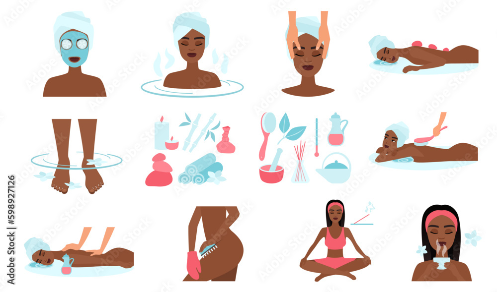 Wellness and spa set vector illustration. Cartoon facial skincare treatment and tools, beauty oil massage and aromatherapy, stone therapy for foot and hands, body of dark skin female in spa salon