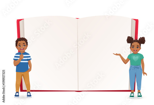 Smiling cute school African boy and girl kids with backpacks standing in front of big empty opened book waving hands isolated vector illustration Generative AI