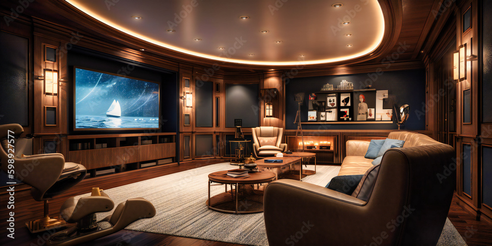 A cozy and comfortable home theater designed for the ultimate movie-watching experience A cozy and comfortable home theater designed for the ultimate movie-watching experience