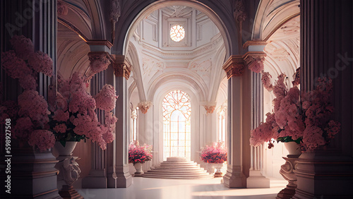 Minimalist and luxury inside the palace of the magnificent castle with flowers decoration  old vintage ornaments in pillar and full daylight. Generative Ai.