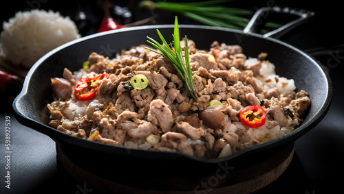A skillet filled with meat and vegetables on top of a table. AI generative. Asian Filipino dish, food from Philippines Asian Filipino dish, food from Philippines