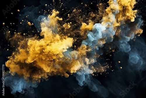 Glitter mist. Ink water. Fluid splash. Metallic golden silver blue color shimmering glowing dust particles vapor cloud floating on dark black abstract background. © Return to Reality