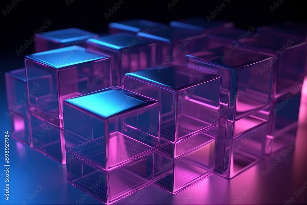 Abstract 3d illustration of cubes in blue light on black background, generative Ai Abstract 3d illustration of cubes in blue light on black background, generative Ai