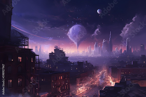 Enchanting City Nightscape: A Stunning Concept Art of Starry Skies and Urban Landscapes © Rusiru