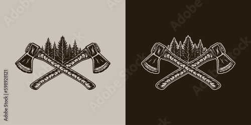 Vintage retro camping adventure travel outdoor element. Forest carpentry cross axes with rock forest trees.. Can be used for emblem, logo, badge, label. mark, poster or print. Monochrome
