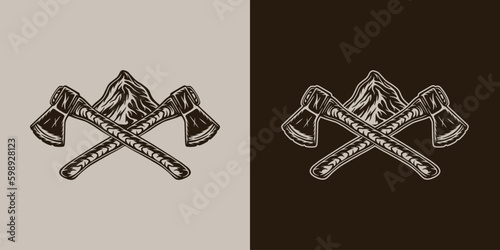 Vintage retro camping adventure travel outdoor element. Forest carpentry cross axes with rock mountaines.. Can be used for emblem, logo, badge, label. mark, poster or print. Monochrome