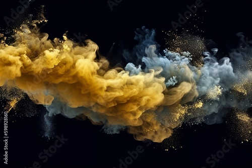 Glitter mist. Ink water. Fluid splash. Metallic golden silver blue color shimmering glowing dust particles vapor cloud floating on dark black abstract background.