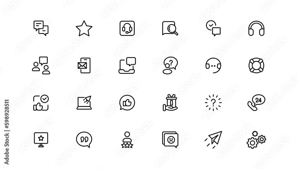 Customer Service and Support - Outline Icon Collection. Thin Line Set contains such Icons as Online Help, Helpdesk, Quick Response, Feedback and more. Simple web icons set Customer Service and Support - Outline Icon Collection. Thin Line Set contains such Icons as Online Help, Helpdesk, Quick Response, Feedback and more. Simple web icons set