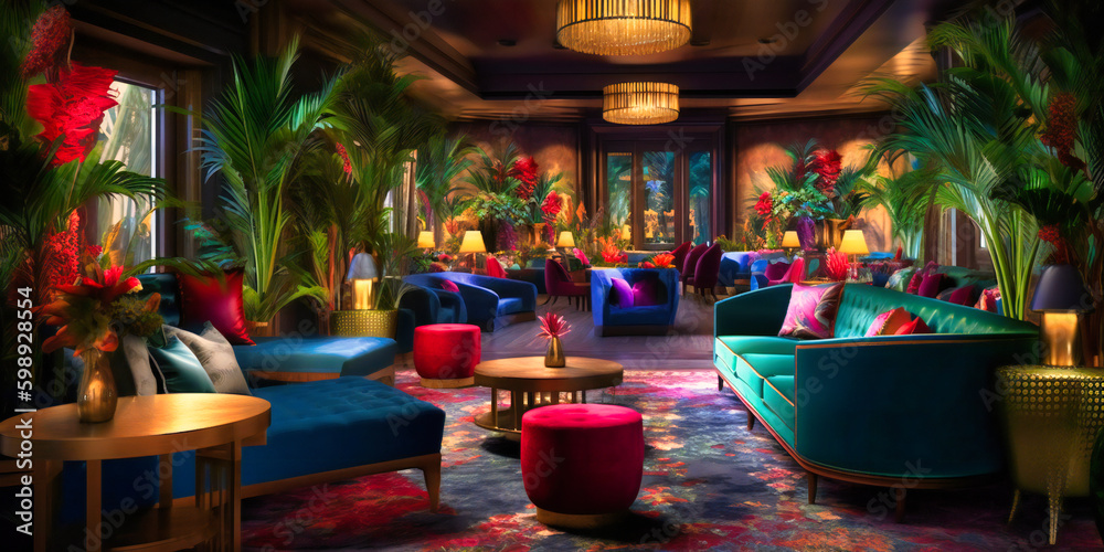 A chic lounge area with plush velvet furniture and vibrant tropical plants, inviting you to relax in style