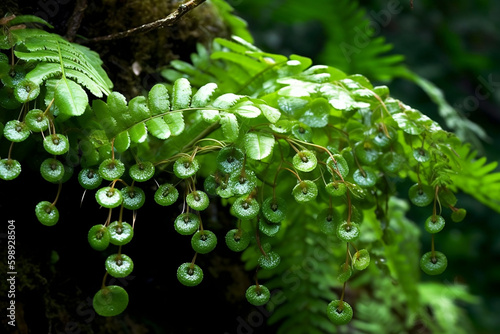 Tropical rainforest Dragon scale fern (Pyrrosia piloselloides) epiphytic creeping plant with round fleshy green leaves growing on jungle liana vine plant