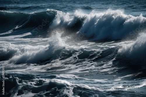 Beautiful seascape with blue ocean waves. Toned, generative Ai