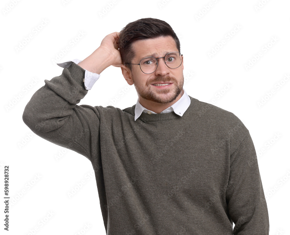 Portrait of handsome bearded businessman on white background