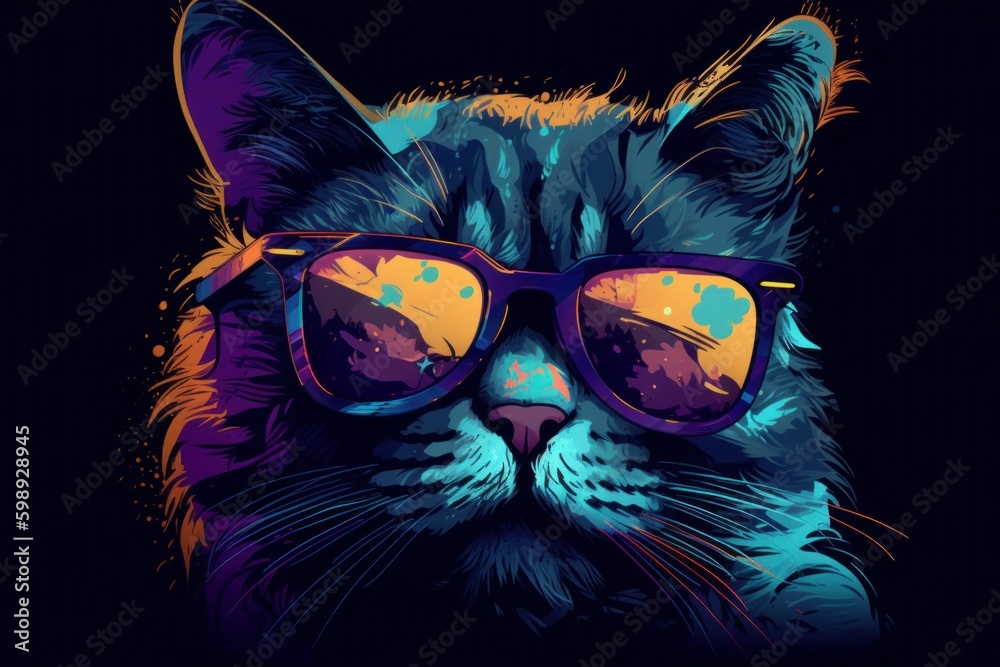 Colourful cat with sunglasses on the black background. Digital illustration, generative Ai