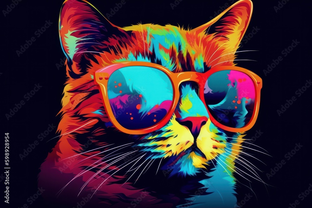 Cat with sunglasses on a black background. Digital illustration of a cat, generative Ai