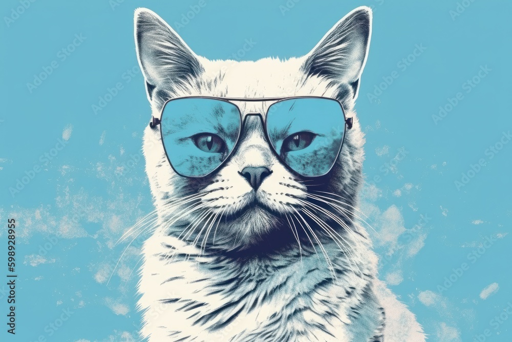 Portrait of a cat with blue sunglasses on a blue background, generative Ai
