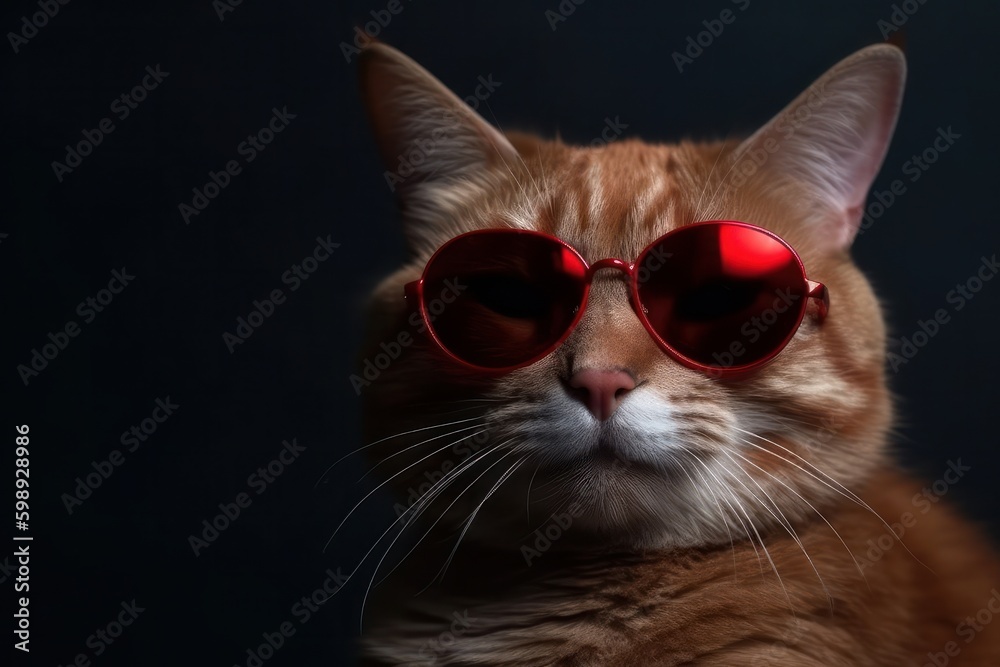Red cat with red heart shaped sunglasses on dark background, closeup, generative Ai